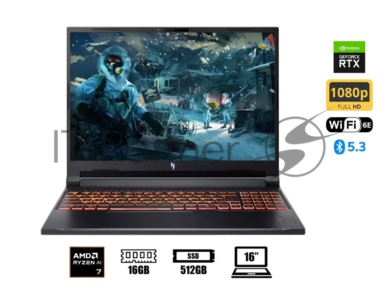 Ноутбук Acer Nitro V 16 ANV16-42-R96P Ryzen 7 260 16Gb SSD512Gb NVIDIA GeForce RTX5050 8Gb 16 IPS WQXGA (2560x1600) Windows 11 black WiFi BT Cam (NH.U2NAA.003)