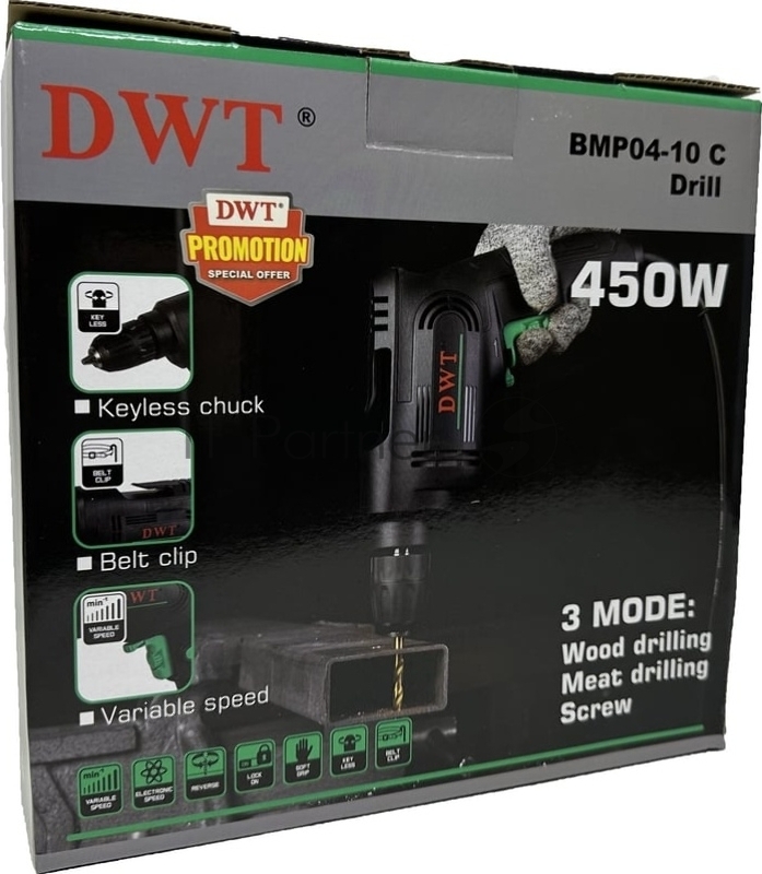 Дрель сетевая безударная DWT BMP04-10 C /450 Вт/до 3300 об.в мин/1.0-10 мм/реверс/кабель 2 м/черный (BMP04-10 C)