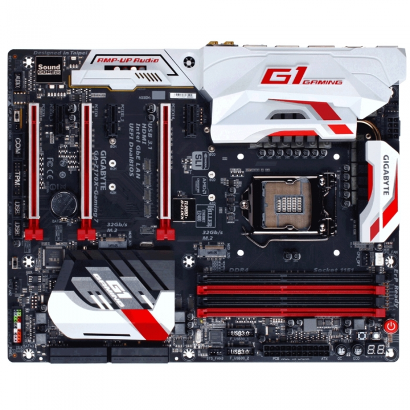 Мат. плата Socket1151 GIGABYTE GA-Z170X-GAMING 7 (iZ170, 4xDDR4, M.2, SATA III, RAID, 3xPCI-E, HDMI, DP, TB, 2x1Гбит LAN, USB3.1, ATX)