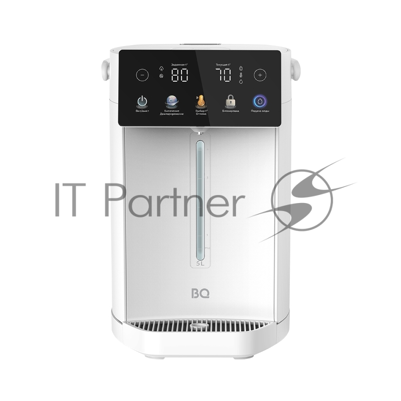BQ TP5001 White. Мощность 1600 Вт / Объем 5 л / Сенсорный LED-дисплей / Поддержание температуры / Функция дехлорирования / Регулировка темперы от 40 до 90 C / Система защиты: от перегрева, от включения без воды, блокировка подачи воды / Внутренняя ко