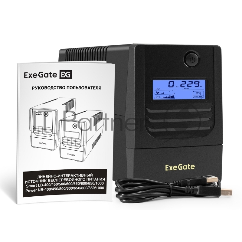 Источник бесперебойного питания ExeGate Smart LB-800.LCD.AVR.2SH.USB (800VA/480W, LCD, AVR, 2*Schuko, USB, батарея 12V 9Ah, Black)