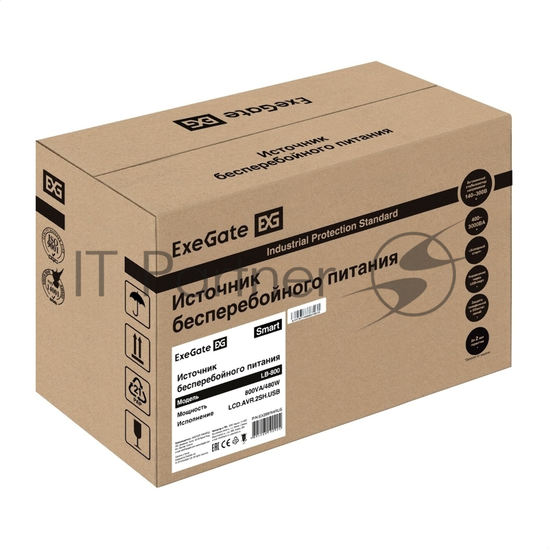 Источник бесперебойного питания ExeGate Smart LB-800.LCD.AVR.2SH.USB (800VA/480W, LCD, AVR, 2*Schuko, USB, батарея 12V 9Ah, Black)