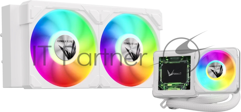 Система жидкостного охлаждения Formula V Line Cryo Wing Digi 240 WH, 240mm, LCD 2.73, 2x120mm, ARGB fans, LGA115X/1200/1700/1851/1366/20 AM3/AM4/AM5/Ryzen3/Ryzen5/Ryze