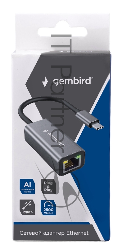 Сетевой адаптер Ethernet Gembird NIC-U12, Type-C USB 3.0 - 2.5 Gigabit Ethernet adapter, алюминий, RTL8156B