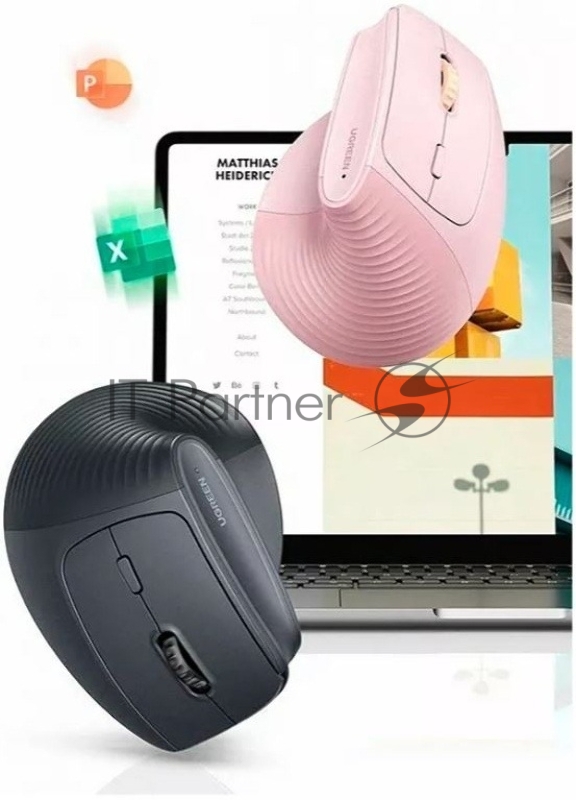 Беспроводная вертикальная мышка UGREEN M571P (65666) Wireless Vertical Mouse 2.4GHz & Bluetooth. Цвет: розовый