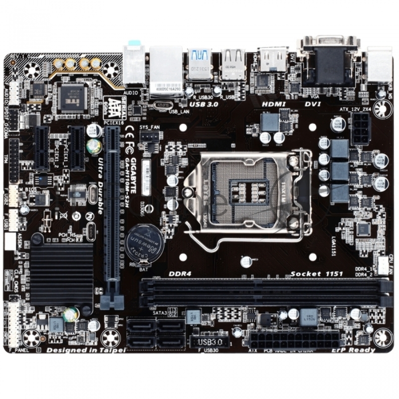 Мат. плата Socket1151 GIGABYTE GA-H110M-S2H (iH110, 2xDDR4, SATA III, PCI-E, D-Sub, DVI, HDMI, 1Гбит LAN, USB3.0, mATX)