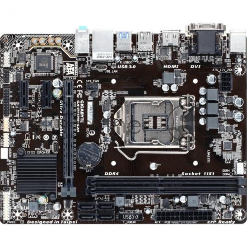 Мат. плата Socket1151 GIGABYTE GA-H110M-S2H (iH110, 2xDDR4, SATA III, PCI-E, D-Sub, DVI, HDMI, 1Гбит LAN, USB3.0, mATX)