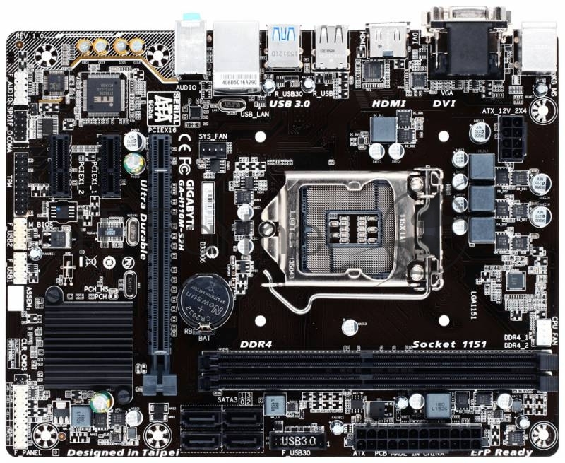 Мат. плата Socket1151 GIGABYTE GA-H110M-S2H (iH110, 2xDDR4, SATA III, PCI-E, D-Sub, DVI, HDMI, 1Гбит LAN, USB3.0, mATX)