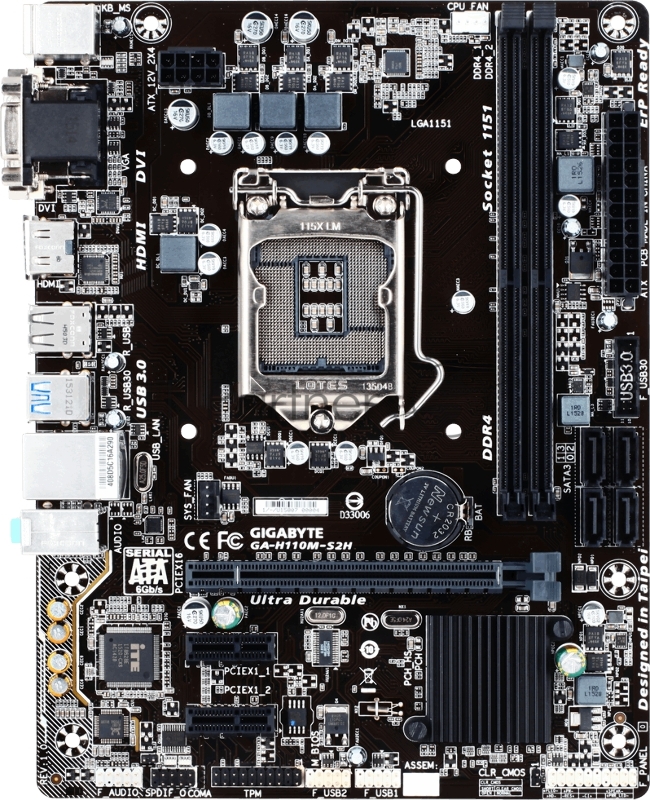 Мат. плата Socket1151 GIGABYTE GA-H110M-S2H (iH110, 2xDDR4, SATA III, PCI-E, D-Sub, DVI, HDMI, 1Гбит LAN, USB3.0, mATX)