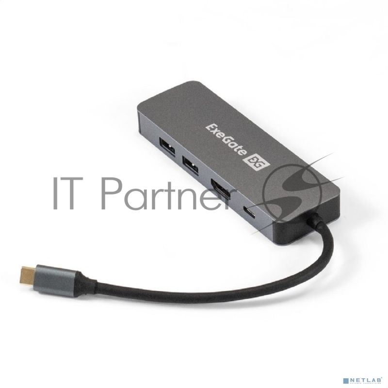 USB-концентратор ExeGate DUB-21C/PD/HL (кабель-адаптер USB Type-C --> 2xUSB3.0 + PD 100W + HDMI 4K@60Hz + Lan RJ45 10/100/1000Mb, Plug&Play, серая)