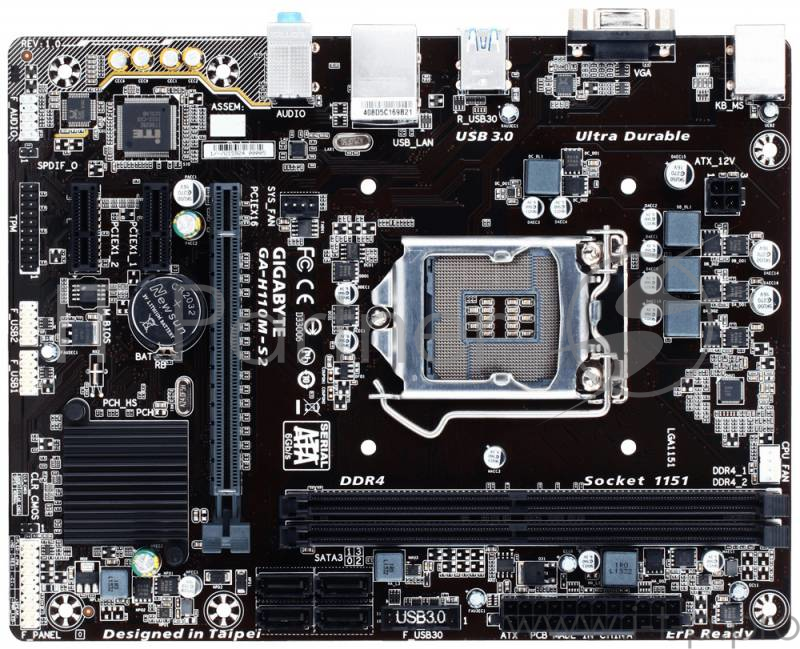 Мат. плата Socket1151 GIGABYTE GA-H110M-S2 (iH110, 2xDDR4, SATA III, PCI-E, D-Sub, 1Гбит LAN, USB3.0, mATX)