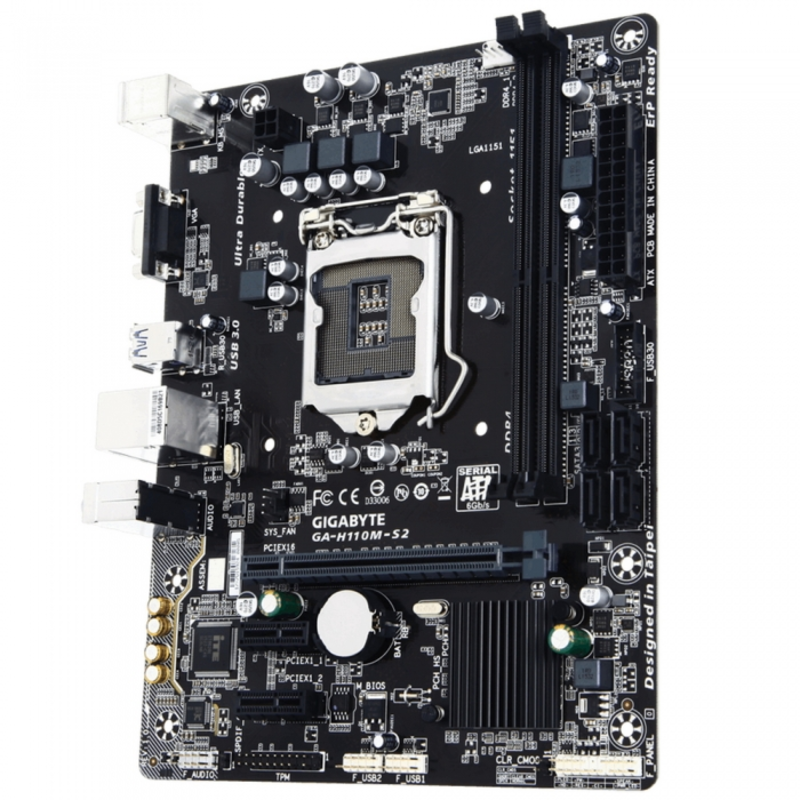 Мат. плата Socket1151 GIGABYTE GA-H110M-S2 (iH110, 2xDDR4, SATA III, PCI-E, D-Sub, 1Гбит LAN, USB3.0, mATX)
