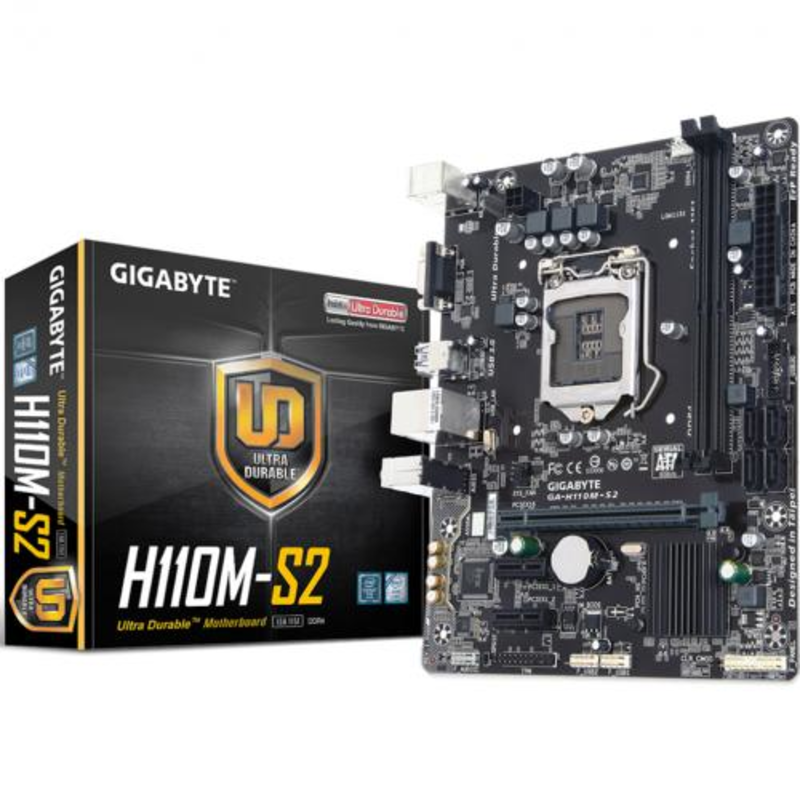 Мат. плата Socket1151 GIGABYTE GA-H110M-S2 (iH110, 2xDDR4, SATA III, PCI-E, D-Sub, 1Гбит LAN, USB3.0, mATX)