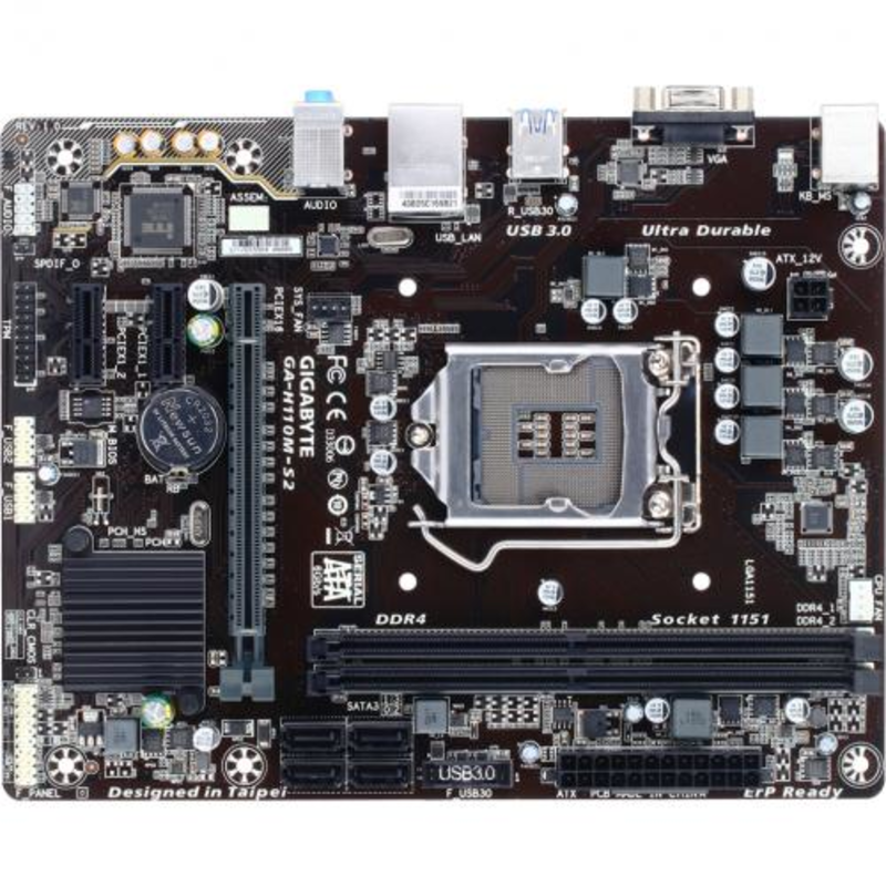Мат. плата Socket1151 GIGABYTE GA-H110M-S2 (iH110, 2xDDR4, SATA III, PCI-E, D-Sub, 1Гбит LAN, USB3.0, mATX)