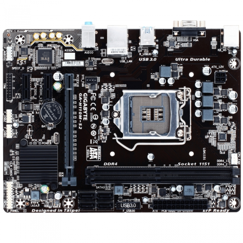 Мат. плата Socket1151 GIGABYTE GA-H110M-S2 (iH110, 2xDDR4, SATA III, PCI-E, D-Sub, 1Гбит LAN, USB3.0, mATX)