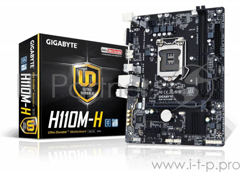 Мат. плата Socket1151 GIGABYTE GA-H110M-H (iH110, 2xDDR4, SATA III, PCI-E, D-Sub, HDMI, 1Гбит LAN, USB3.0, mATX)
