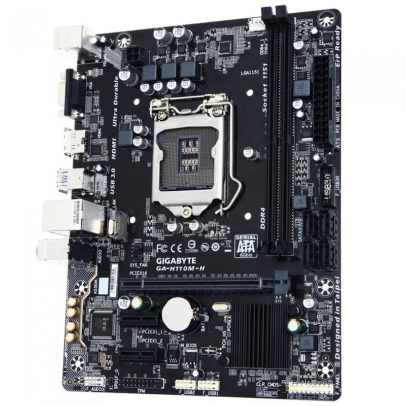 Мат. плата Socket1151 GIGABYTE GA-H110M-H (iH110, 2xDDR4, SATA III, PCI-E, D-Sub, HDMI, 1Гбит LAN, USB3.0, mATX)