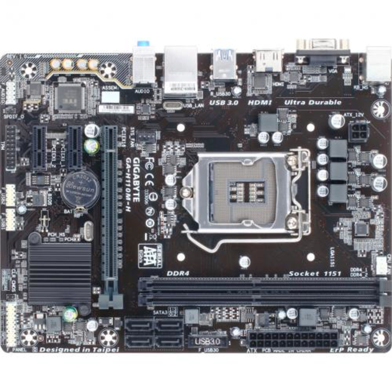 Мат. плата Socket1151 GIGABYTE GA-H110M-H (iH110, 2xDDR4, SATA III, PCI-E, D-Sub, HDMI, 1Гбит LAN, USB3.0, mATX)