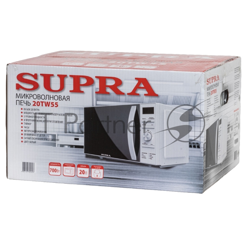 Микроволновая печь SUPRA 20TW55, Мощность 700вт, Объем 20 литров, Электронное управление, Таймер, 5 уровней мощности, 8 режимов автомотических програм, цвет: белый