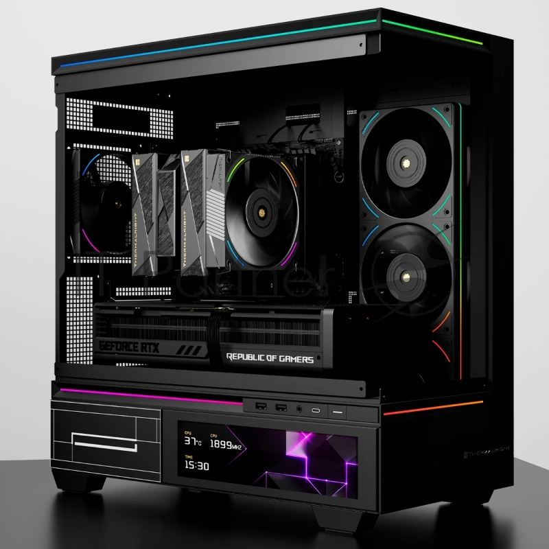 Кулер для процессора Thermalright Royal Pretor 130 Ultra Black (4-pin PWM, 158mm, Ni/Cu, 7x6mm, 1x120mm ARGB +1x130mm, 69CFM/81.88CFM, 27dBA/28.3dBA, 2150RPM/1750RPM, S: 1200, 1700, 1851, 115X, 2011, 2066, AM4, AM5, black)