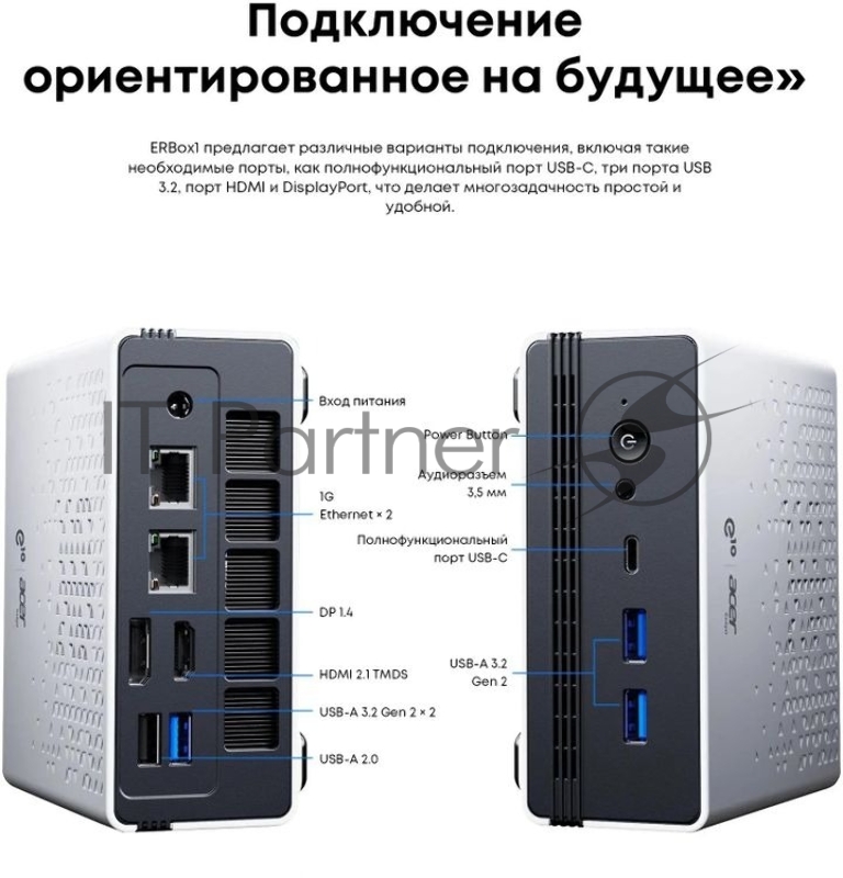 Неттоп Acer Gadget E10 ERBox 1 Ryzen 7 6800H (3.2) 16Gb SSD512Gb 680M Windows 11 Pro 2xGbitEth WiFi BT 120W черный/белый