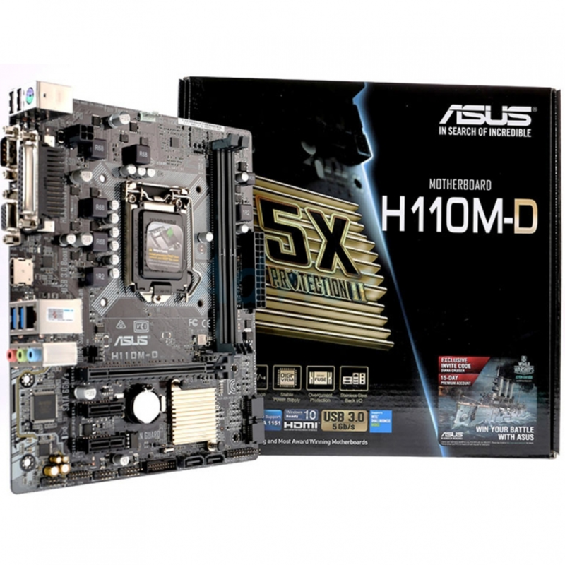 Мат. плата Socket1151 ASUS H110M-D (iH110, 2xDDR4, SATA III, PCI-E, D-Sub, HDMI, 1Гбит LAN, USB3.0, mATX)
