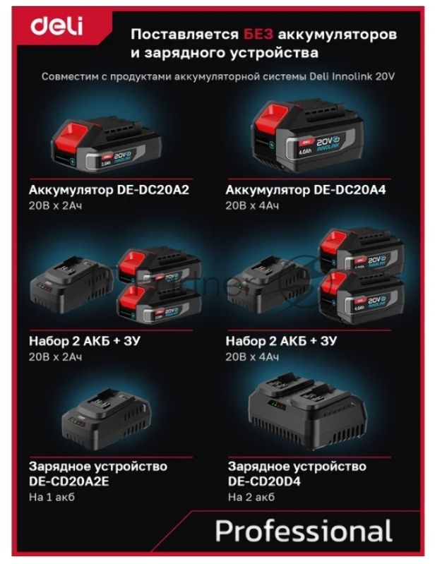 Дрель-шуруповерт аккумуляторная DeliDE-DZ20-1 (Без АКБ и ЗУ, 20В, 10мм, 50Нм, картон)