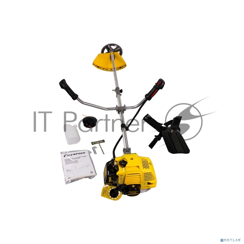 Газонокосилка Champion Т433 Мощность двигателя 1.25/1.7 кВт/л.с, Вес без режущей насадки 8,2 кг, Объем двигателя 42,7 см3, Объем топливного бака 950 мл, Максимальный расход топлива 610 г/кВт•ч/мл/ч, Тип рукоятки U-образная, штанга прямая Разъемная, Д