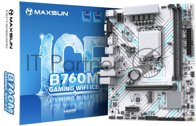 Материнская плата MAXSUN MS-B760M GAMING WIFI ICE (Socket 1700, mATX, 2*DDR4(64Gb), VGA/HDMI, 3*SATA3, 1*M.2, 1*PCIEx16/1*PCIEx1, 2*USB2.0, 4*USB 3.2, LAN 1*1G, Bluetooth, Wi-Fi 802.11ac, ARGB, white, RTL)