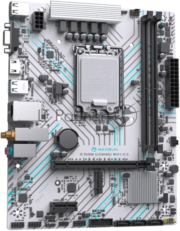 Материнская плата MAXSUN MS-B760M GAMING WIFI ICE (Socket 1700, mATX, 2*DDR4(64Gb), VGA/HDMI, 3*SATA3, 1*M.2, 1*PCIEx16/1*PCIEx1, 2*USB2.0, 4*USB 3.2, LAN 1*1G, Bluetooth, Wi-Fi 802.11ac, ARGB, white, RTL)