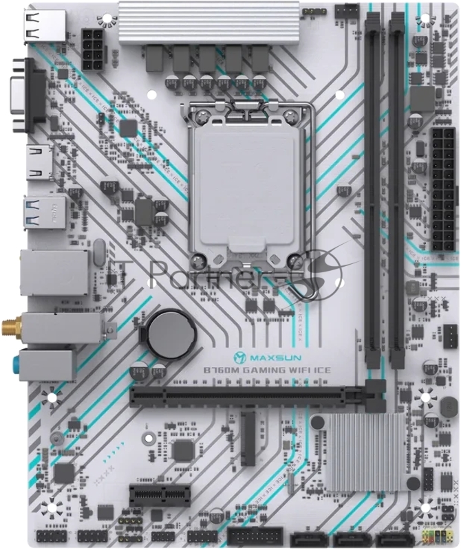 Материнская плата MAXSUN MS-B760M GAMING WIFI ICE (Socket 1700, mATX, 2*DDR4(64Gb), VGA/HDMI, 3*SATA3, 1*M.2, 1*PCIEx16/1*PCIEx1, 2*USB2.0, 4*USB 3.2, LAN 1*1G, Bluetooth, Wi-Fi 802.11ac, ARGB, white, RTL)