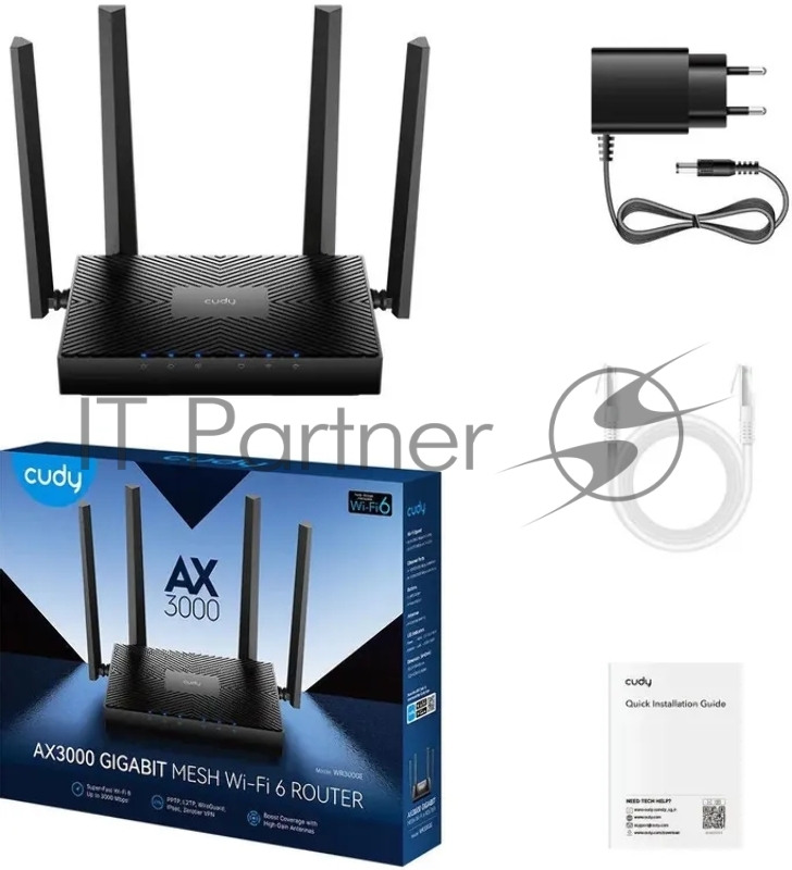 Роутер беспроводной Cudy WR3000E 2.0 Гигабитный роутер Wi-Fi 6 AX3000, 2,4/5 ГГц, до 2976 Мбит/с, 5x1 Гбит/с, IPv6, 4 антенны, черный