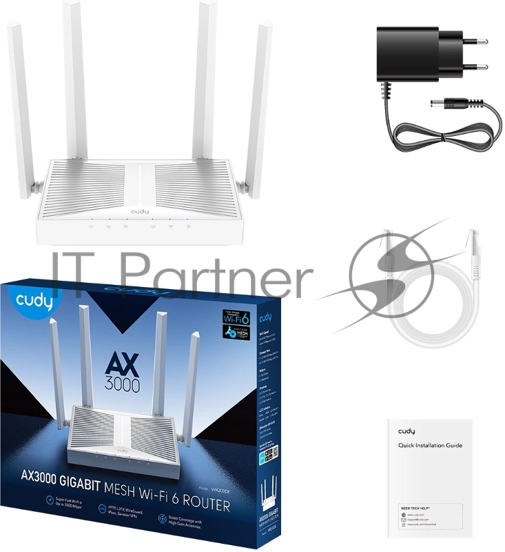 Роутер беспроводной Cudy WR3000E 2.0 Гигабитный роутер Wi-Fi 6 AX3000, 2,4/5 ГГц, до 2976 Мбит/с, 5x1 Гбит/с, IPv6, 4 антенны, черный
