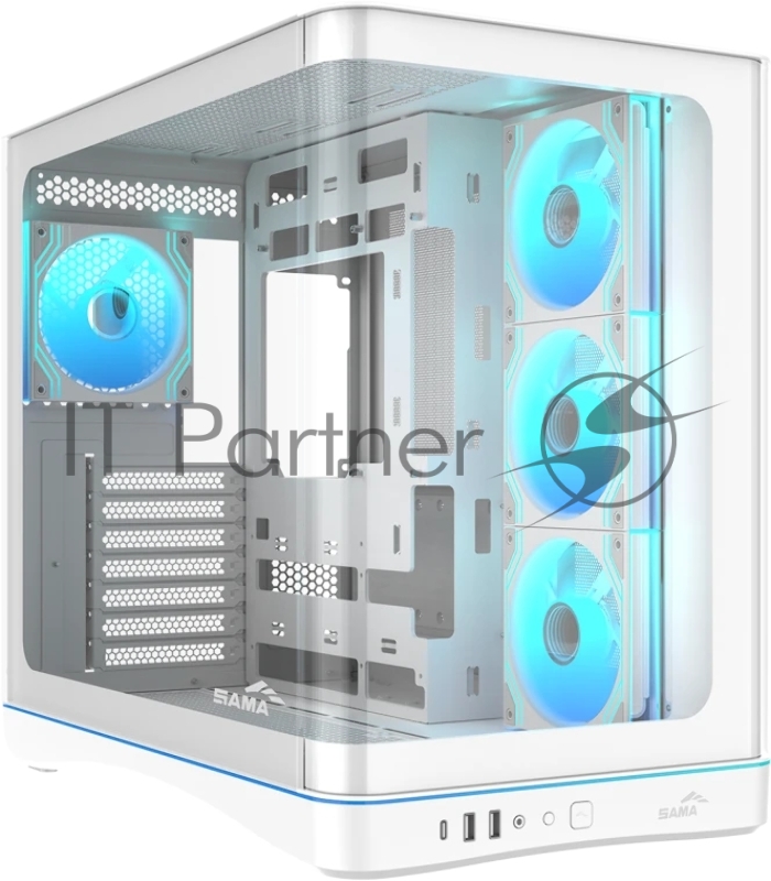 Корпус ПК без блока питания/ Case SAMA V62S White, Midi-Tower, TG, 4x120mm ARGB, 2xUSB 3.0 + 1xUSB 3.2 Type-C, ATX, mATX, mITX White