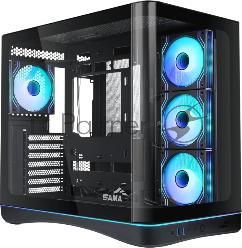 Корпус ПК без блока питания/ Case SAMA V62S Black, Midi-Tower, TG, 4x120mm ARGB, 2xUSB 3.0 + 1xUSB 3.2 Type-C, ATX, mATX, mITX Black