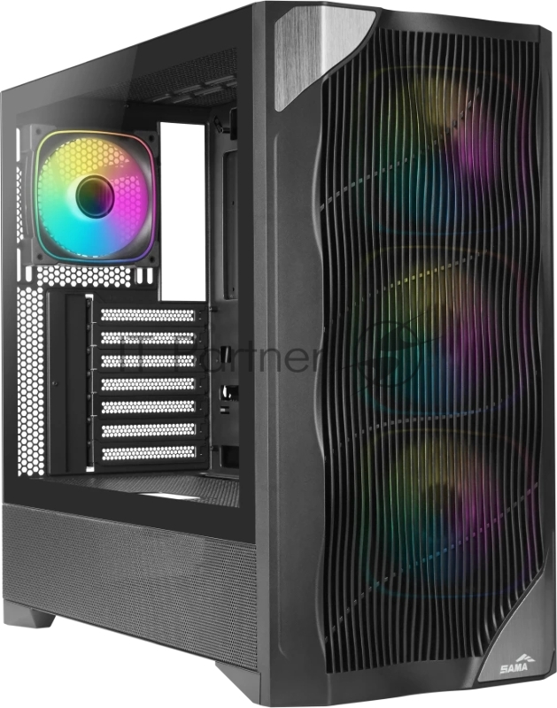 Корпус ПК без блока питания/ Case SAMA V42 Black, Midi-Tower, TG, 4x120mm ARGB, 2xUSB 3.0 + 1xUSB 3.2 Type-C, ATX, mATX, mITX Black