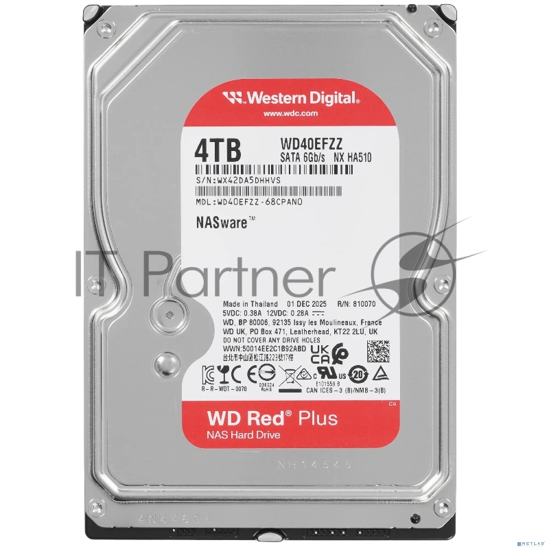 Жесткий диск HDD WD SATA3 4Tb NAS Red Plus 5400 128Mb 1 year warranty (replacement WD40EFZX, WD40EFAX)