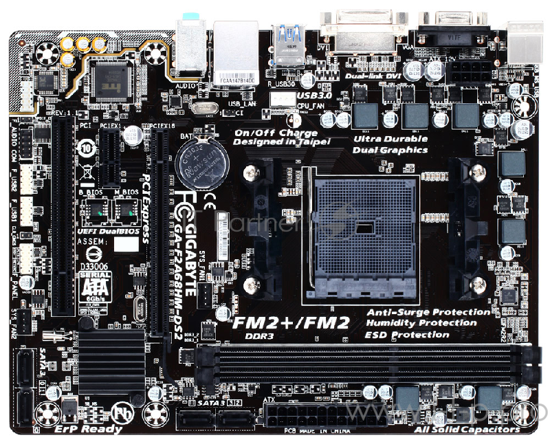 Мат. плата SocketFM2+ GIGABYTE GA-F2A68HM-DS2 (AMD A68H, 2xDDR3, SATA III, RAID, PCI-E, D-Sub, DVI, 1Гбит LAN, USB3.0, mATX)