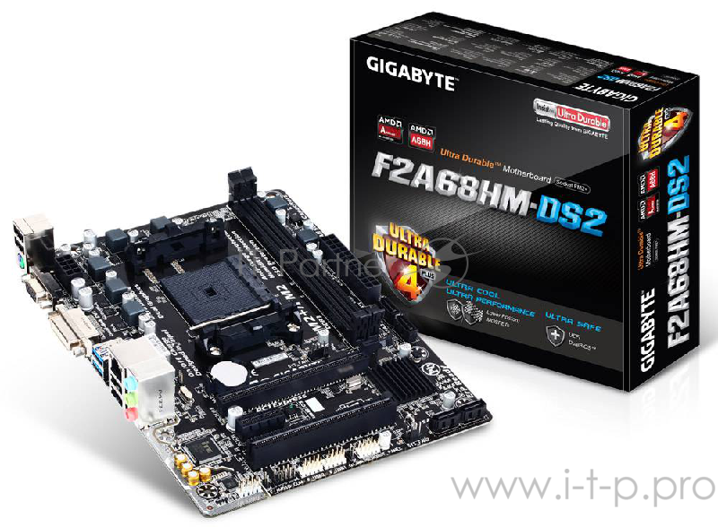 Мат. плата SocketFM2+ GIGABYTE GA-F2A68HM-DS2 (AMD A68H, 2xDDR3, SATA III, RAID, PCI-E, D-Sub, DVI, 1Гбит LAN, USB3.0, mATX)