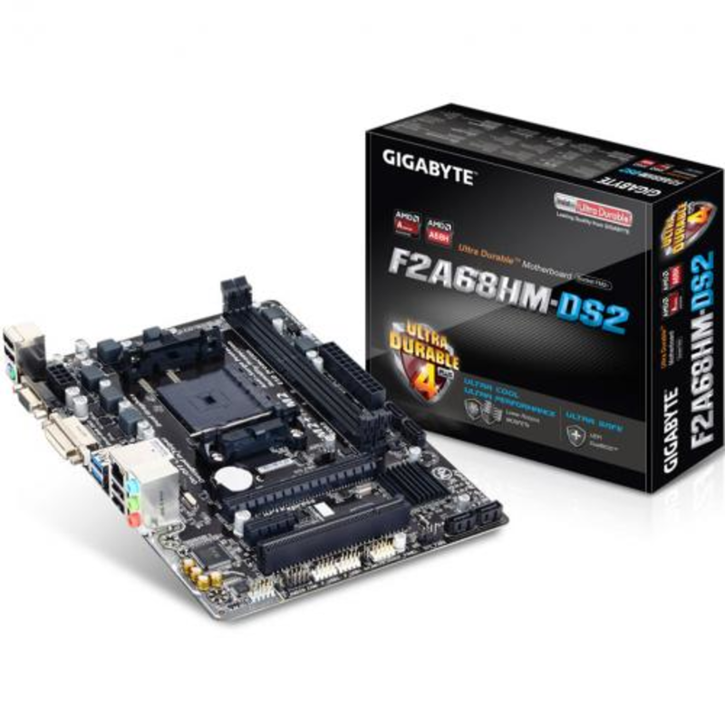 Мат. плата SocketFM2+ GIGABYTE GA-F2A68HM-DS2 (AMD A68H, 2xDDR3, SATA III, RAID, PCI-E, D-Sub, DVI, 1Гбит LAN, USB3.0, mATX)