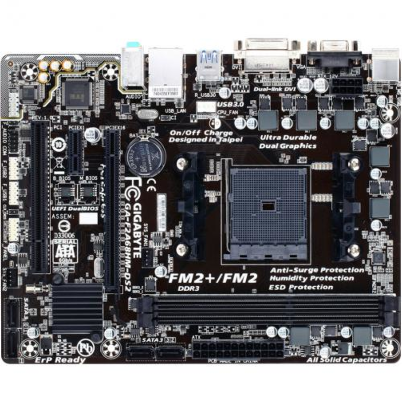 Мат. плата SocketFM2+ GIGABYTE GA-F2A68HM-DS2 (AMD A68H, 2xDDR3, SATA III, RAID, PCI-E, D-Sub, DVI, 1Гбит LAN, USB3.0, mATX)