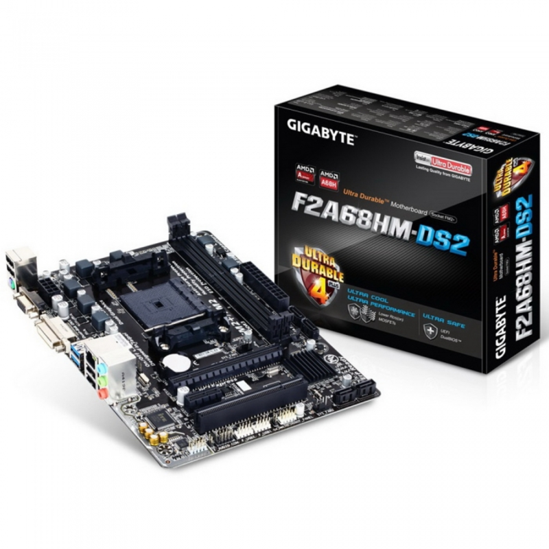 Мат. плата SocketFM2+ GIGABYTE GA-F2A68HM-DS2 (AMD A68H, 2xDDR3, SATA III, RAID, PCI-E, D-Sub, DVI, 1Гбит LAN, USB3.0, mATX)