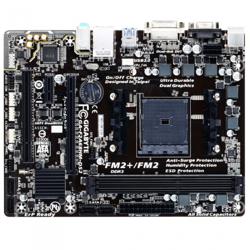 Мат. плата SocketFM2+ GIGABYTE GA-F2A68HM-DS2 (AMD A68H, 2xDDR3, SATA III, RAID, PCI-E, D-Sub, DVI, 1Гбит LAN, USB3.0, mATX)
