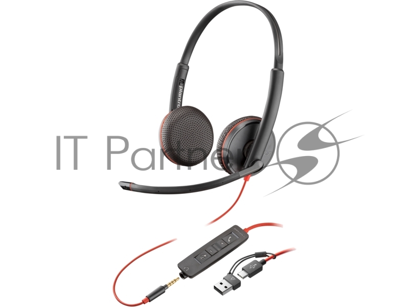 Гарнитура проводная Poly Blackwire 3225 Stereo USB-C Headset +3.5мм Plug +USB-C/A Adapter (Bulk) черный