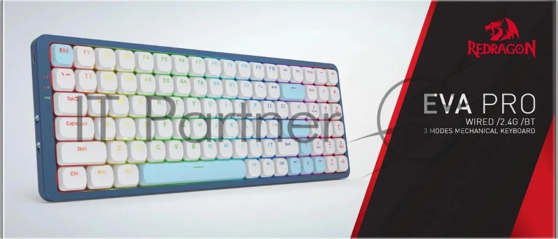 Клавиатура Redragon Eva Pro гибридная, USB Type-A, Bluetooth, радиоканал, белый/синий