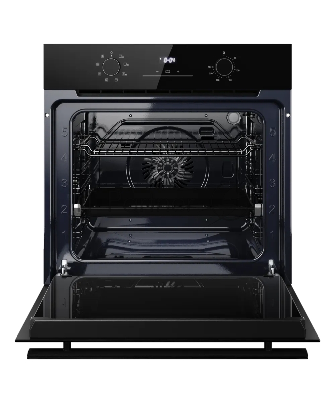 Духовой шкаф Kuppersberg HO 608 Black Glass, High-Tech, 78 л, поворотное управление, дисплей, таймер, 8 режимов, макс. температура 310 градусов, телескопические направляющие (на 1 уровень), цвет черный, цвет фурнитуры черный