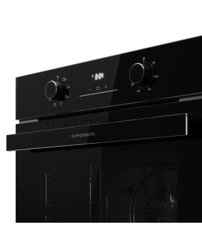 Духовой шкаф Kuppersberg HO 608 Black Glass, High-Tech, 78 л, поворотное управление, дисплей, таймер, 8 режимов, макс. температура 310 градусов, телескопические направляющие (на 1 уровень), цвет черный, цвет фурнитуры черный