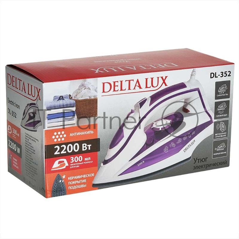 Утюг Delta LUX DL-352 белый с фиолетовым, 2200 Вт, 30 г/мин, 140 г/мин, 300 мл