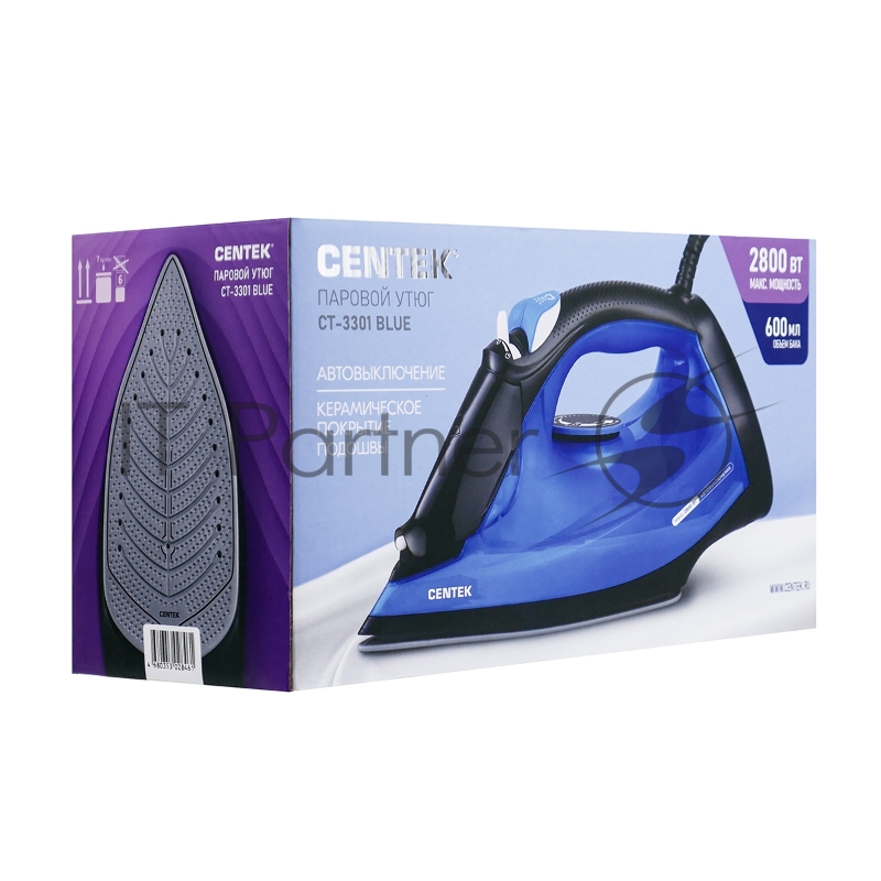 Утюг Centek CT-3301 синий, 2800 Вт, 60 г/мин, 195 г/мин, 600 мл