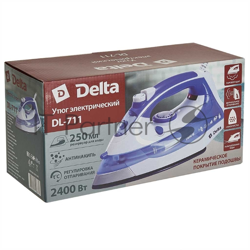 Утюг Delta DL-711 белый с фиолетовым, 2400 Вт, 20 г/мин, 120 г/мин, 250 мл